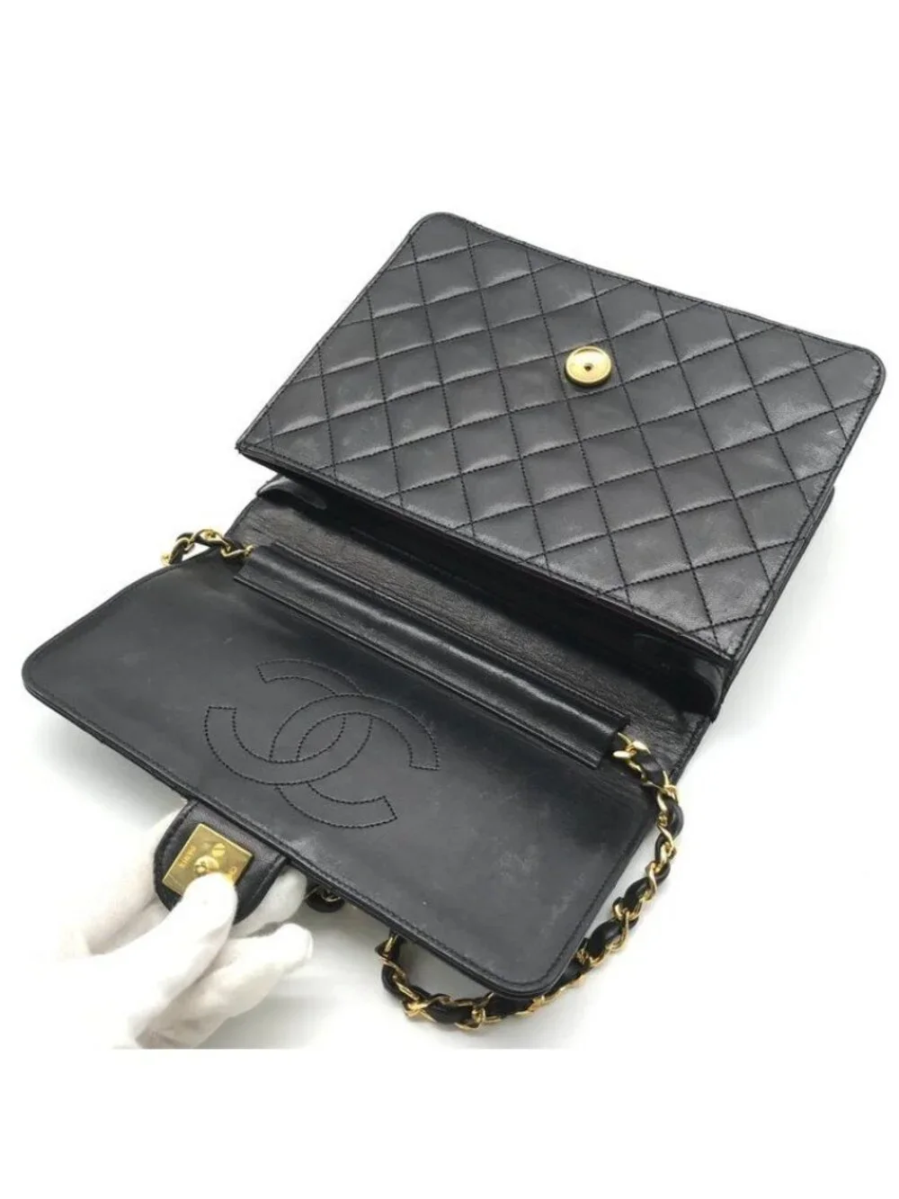Chanel Quilted CC Logo Chain Shoulder Bag Push Lock Lambskin